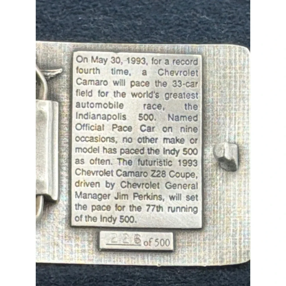 Vtg 1993 Indianapolis 500 Chevrolet Camaro Pace‎ Car Pewter Belt Buckle 226/500